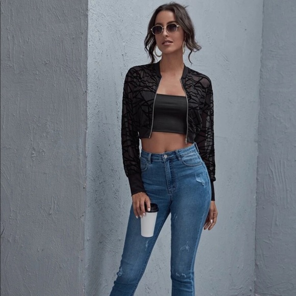 Black Mesh Cropped Zip Up Jacket - Picture 4 of 7